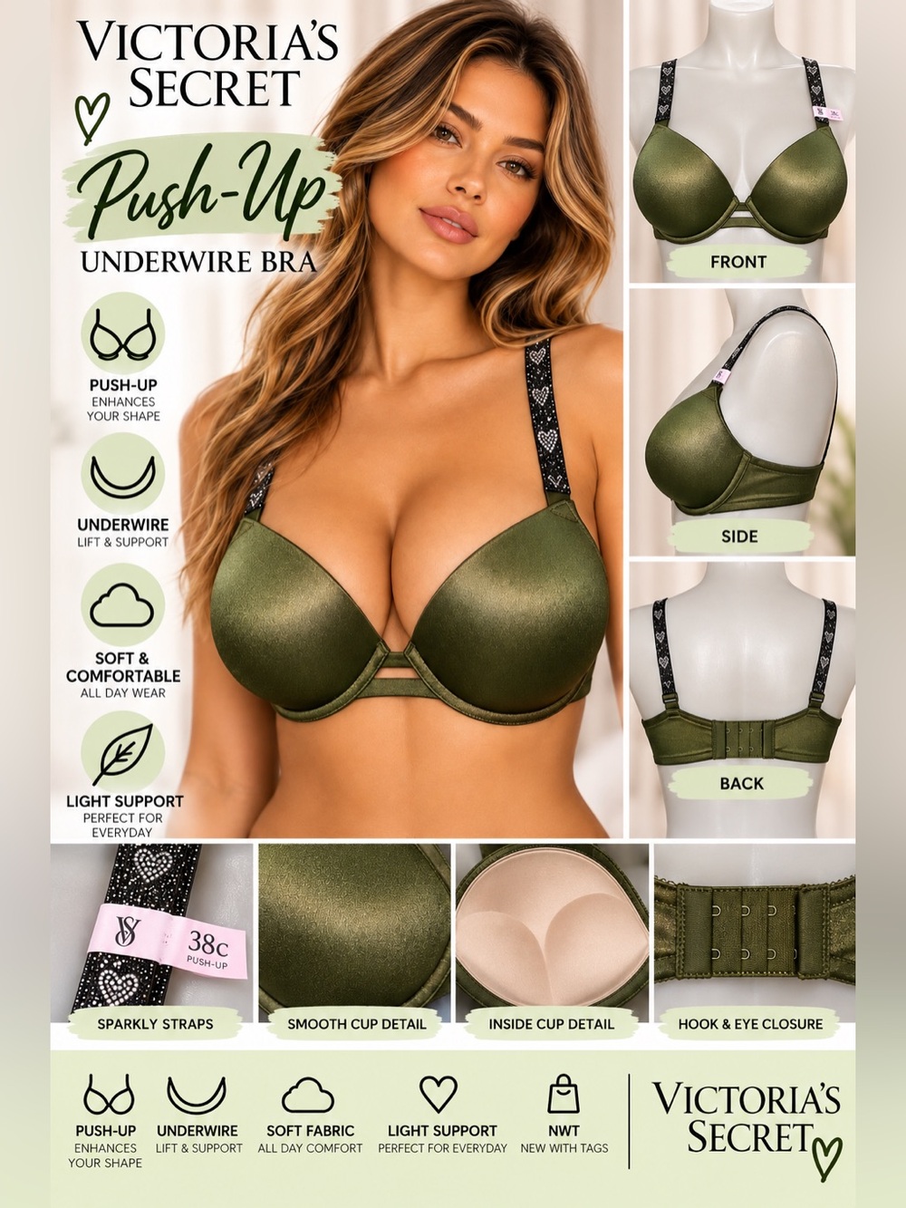 Victoria's Secret Olive Green Push-Up Bra with LOGO sz 38B NWT
